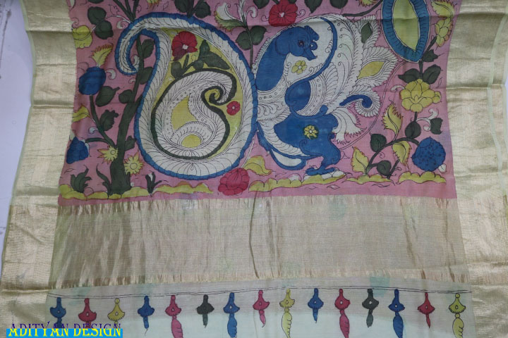 PURE CHANDERI SAREE WITH PEN KALAMKARI WORK.