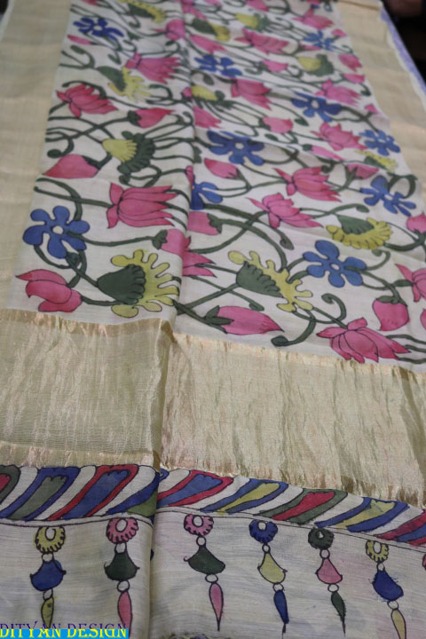  PURE CHANDERI SAREE WITH PEN KALAMKARI WORK.