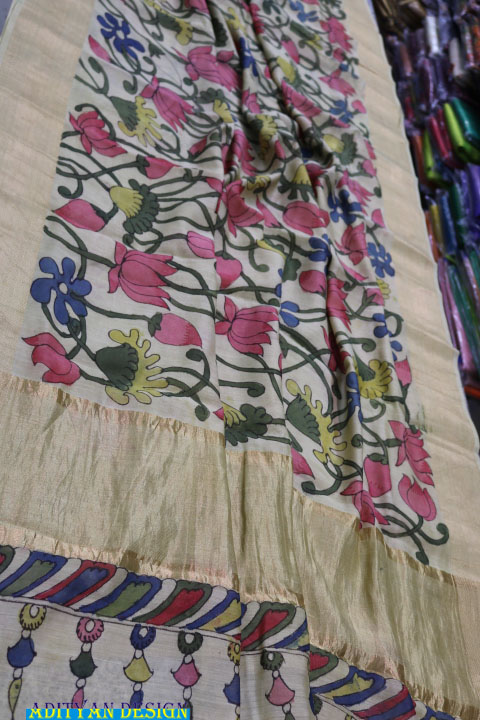  PURE CHANDERI SAREE WITH PEN KALAMKARI WORK.