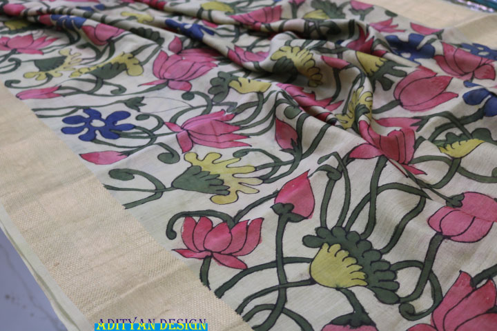  PURE CHANDERI SAREE WITH PEN KALAMKARI WORK.