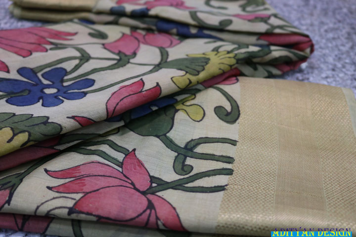  PURE CHANDERI SAREE WITH PEN KALAMKARI WORK.