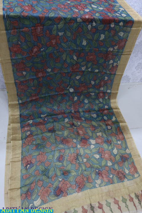 BLUE COLOR SILK KOTA WITH PEN KALAMKARI WORK.