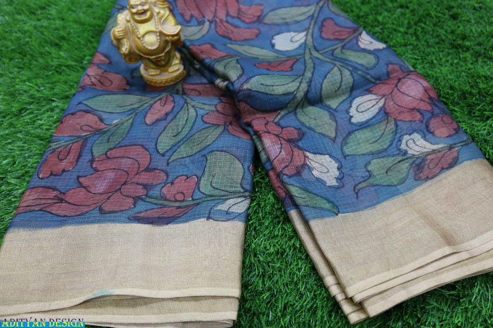 BLUE COLOR SILK KOTA WITH PEN KALAMKARI WORK.