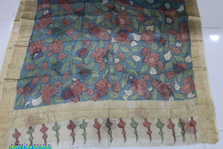 BLUE COLOR SILK KOTA WITH PEN KALAMKARI WORK.