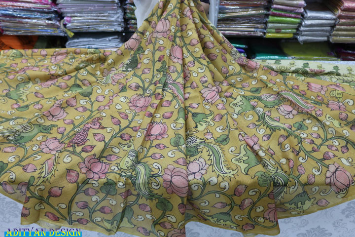 MUSTERED YELLOW COLOR PURE SILK KOTA WITH PEN KALAMAKRI WORK.