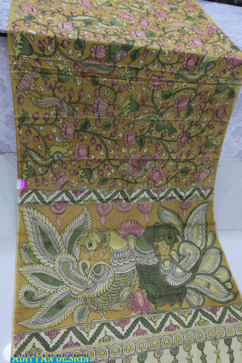 MUSTERED YELLOW COLOR PURE SILK KOTA WITH PEN KALAMAKRI WORK.