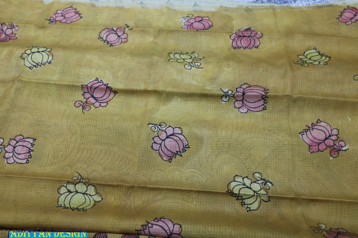 MUSTERED YELLOW COLOR PURE SILK KOTA WITH PEN KALAMAKRI WORK.