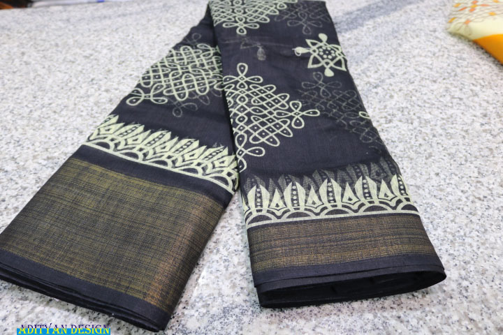 BLACK COLOR LINEN COTTON PRINTED SAREE.