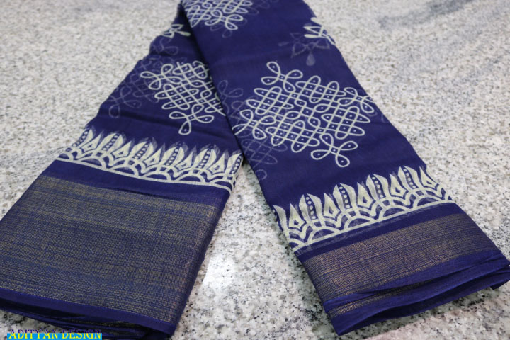 BLUE COLOR LINEN COTTON PRINTED SAREE.