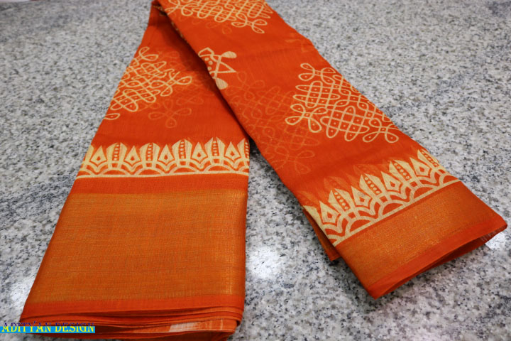 ORANGE COLOR LINEN COTTON PRINTED SAREE.