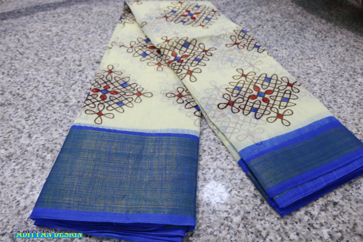 BLUE BORDER COTTON PRINTED SAREE.