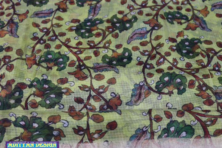 GREEN  COLOR SILK KOTA SAREE WITH  KALAMKARI WORK.