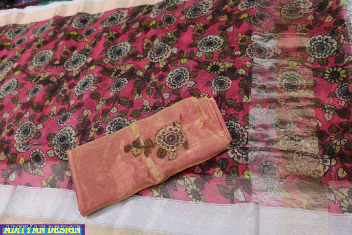 PINK  COLOR SILK KOTA SAREE WITH  KALAMKARI WORK.