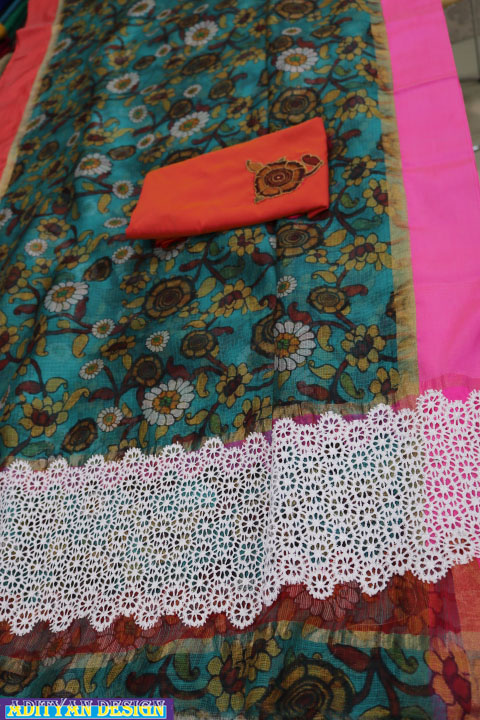 SKY BLUE  COLOR SILK KOTA SAREE WITH  KALAMKARI WORK.