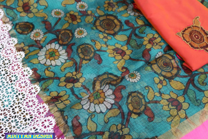 SKY BLUE  COLOR SILK KOTA SAREE WITH  KALAMKARI WORK.