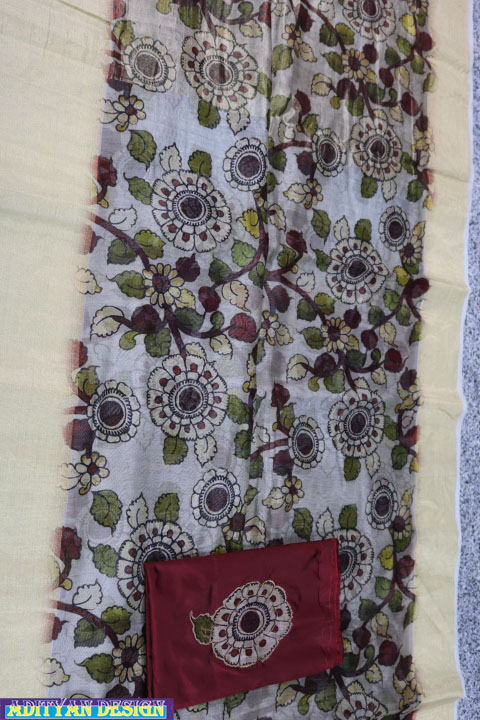 CREAM COLOR SILK CHANDERI HANDLOOM SAREE WITH  KALAMKARI WORK.