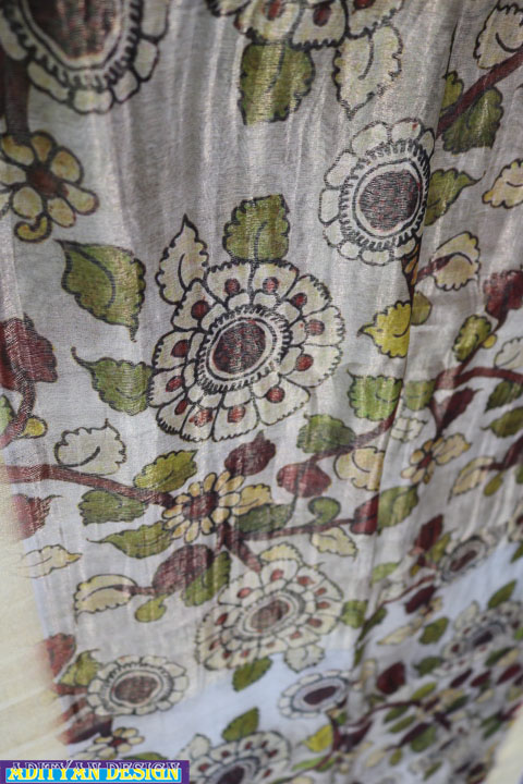 CREAM COLOR SILK CHANDERI HANDLOOM SAREE WITH  KALAMKARI WORK.