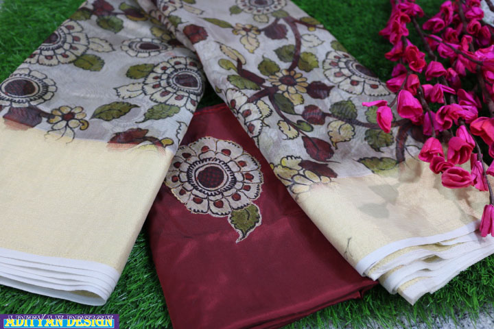 CREAM COLOR SILK CHANDERI HANDLOOM SAREE WITH  KALAMKARI WORK.