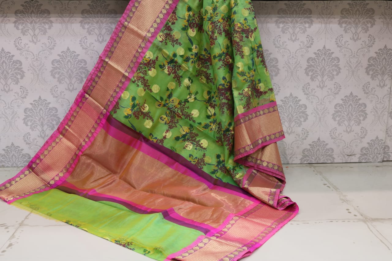   8 INCHES JARI BORDER CHANDERI SAREE WITH PINTE .