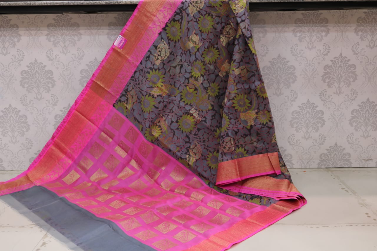   8 INCHES JARI BORDER CHANDERI SAREE WITH PINTE .