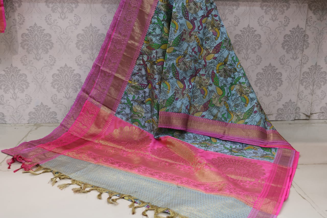   8 INCHES JARI BORDER CHANDERI SAREE WITH PINTE .